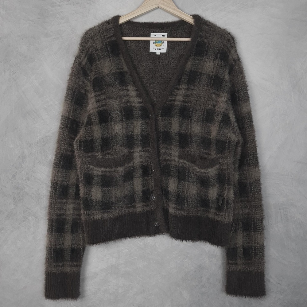 UNIF Sweater Cardigan Womens Small Brown Plaid Fuzzy Knit V Neck Pockets
